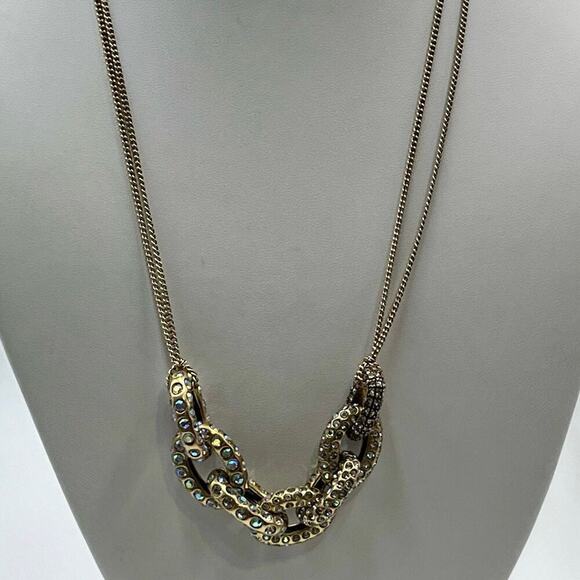 J. Crew Pave AB Rhinestone Crystal Oval Link Double Strand Necklace - Picture 2 of 14